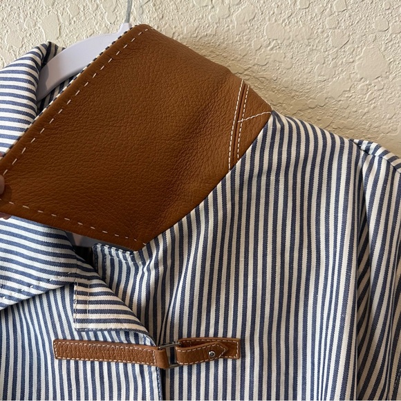 Lafayette 148 striped cotton linen coat jacket with leather strap closures - Picture 3 of 14